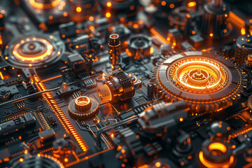 Intricate futuristic circuit board with glowing elements.