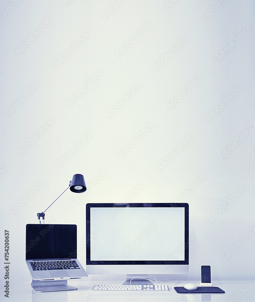 Poster computer, technology and workspace with mockup screen of equipment or interior on a gray studio back