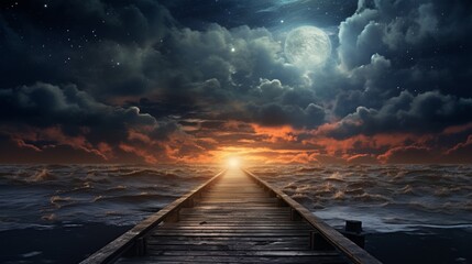 Empty boardwalk at dusk with dramatic sky, enveloped in a blanket of fog that softens the edges of the scene and adds an air of mystery - obrazy, fototapety, plakaty