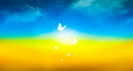 Hope and motivation butterflies flying background with sun and clouds
