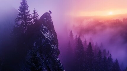 lone climber rappelling toward the summit of a massive mountain overlooking misty forest at daybreak. volumetric lighting. faint traces of orange and purple in dawn sky. shot with mirrorless camera.  - obrazy, fototapety, plakaty