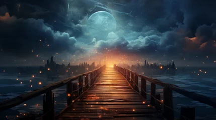 Deurstickers Empty boardwalk at dusk with dramatic sky, enveloped in a blanket of fog that softens the edges of the scene and adds an air of mystery © malik