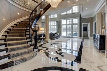 Fototapeta premium Grand Foyer With Marble Floors and Spiral Staircase