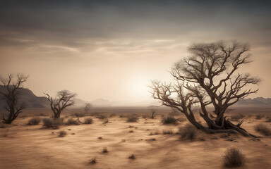 Fototapeta na wymiar A barren landscape with skeletal remains of trees, illustrating desertification.
