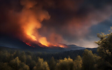 A darkened night sky filled with smoke and illuminated by flames from a forest fire.