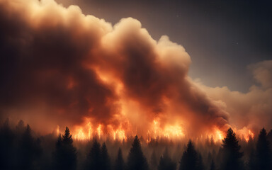Fototapeta na wymiar A darkened night sky filled with smoke and illuminated by flames from a forest fire.