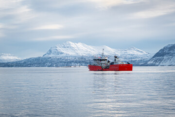 Scenic view of a red boat in a Norwegian fjord in winter