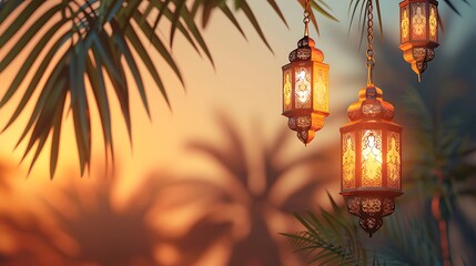 Eid mubarak festivity with tropical leaves and light