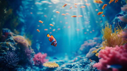Tropical coral reef scenery. Seascape. Sea. colorful soft coral with orange fishes and ocean starfish. Sun under the sea. 