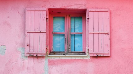 Fototapeta na wymiar pink window with closed wooden shutters 