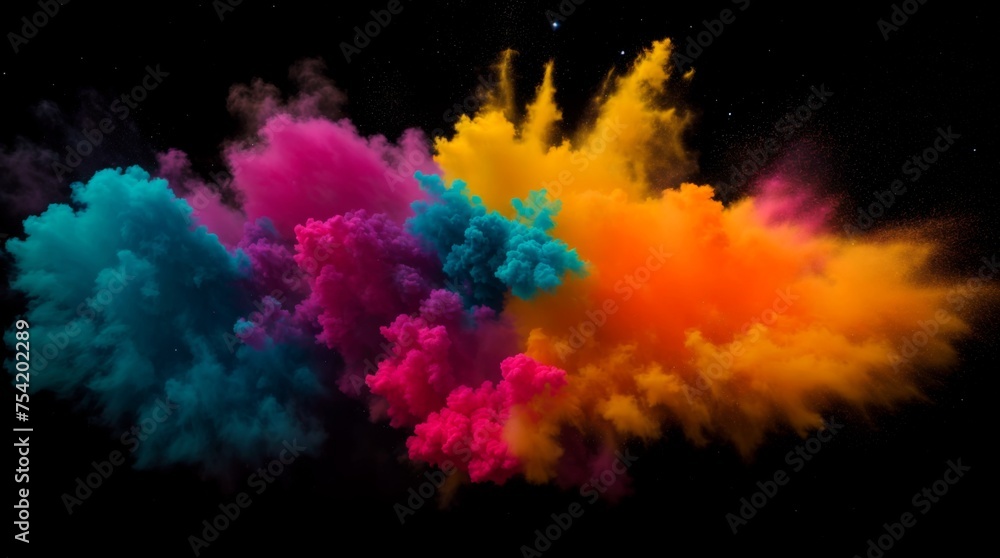 Poster richly colored powders disperse against a dark surface to create a dynamic cosmic effect