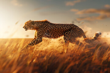 beautiful cheetah in the wild savannah in the grass taking off to run on a beautiful background of dry grass and sky at sunset with space for text or inscriptions
 - obrazy, fototapety, plakaty