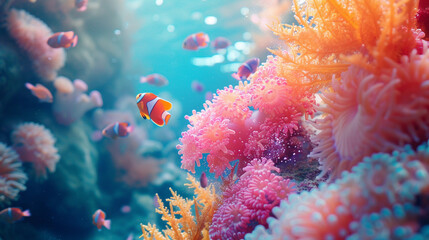 Tropical coral reef scenery. Seascape. Sea. colorful soft coral with orange fishes and ocean...