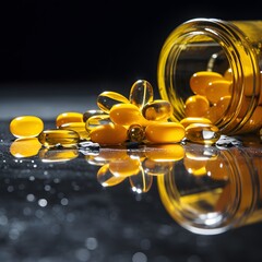 spill of yellow pills with reflective surfaces