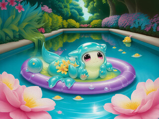 Cute Slime Creatures on Swimming Pool, Oil Painting