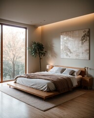 Sleek Bedroom Enveloped in Cozy Lighting, Plush Bed, Tree Through Window 