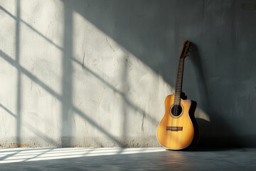 A classic guitar in an empty room illuminated by sunlight leaning against an empty wall with space for text or inscriptions. Musical background
