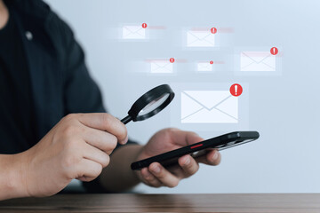 Business people searching the spam email, Finding and protecting the system from Strange email and...