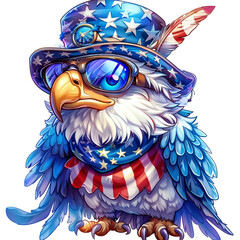 Cute cartoon American bald eagle in sunglasses isolated on transparent background. For USA Independence day July 4th celebration. Flat clipart illustration for sticker, banner, flyer, card 
