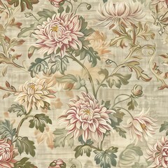 Timeless Beauty. Antique Textile Design Featuring Chrysanthemums and Leaves, Evoking Elegance and Sophistication in Every Thread.
