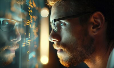 a man looking on bigdata on screen finding the trace of something, data trace, Digital Footprint and Digital trace data them, background wallpaper, Generative Ai - 754203278