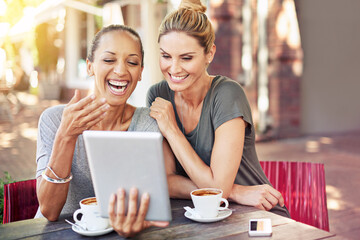 Cafe, women and laugh together with tablet for social media meme or online joke, video and bonding...