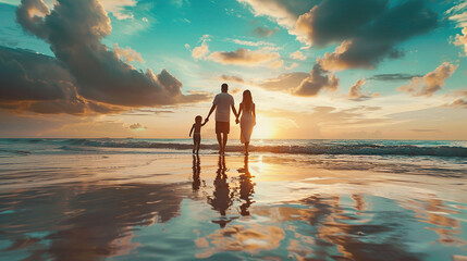 Happy family walking on the beach on the dawn time with beautiful cloudy sky  - obrazy, fototapety, plakaty