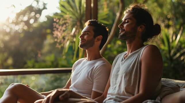 men couple enjoying relaxing time in hotel facility, smiling couple, Generative Ai