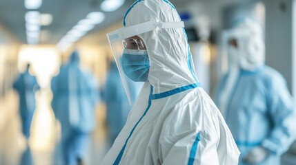 nurses and doctors wearing facemask and protective suit  , germs infection preventing, serious working in hospital, Generative Ai