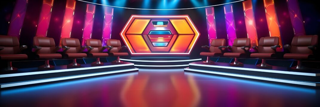 Wallpaper of Game Show Set Contestant Chair Buzzers Game Board Prize Whee Content Creator Concept
