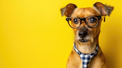 A pet wearing glasses and a necktie in a yellow background