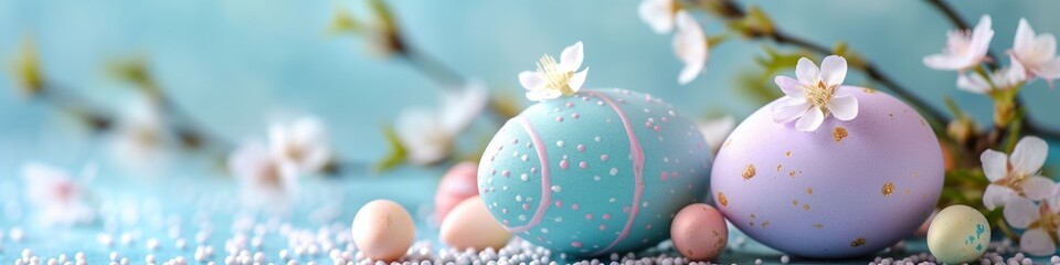 Obraz na płótnie Canvas Easter eggs with flowers background.