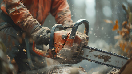 Lumberjack cutting a tree with a chainsaw, sawdust flying around in a misty autumn forest. Forestry and logging concept for educational and environmental designs - obrazy, fototapety, plakaty