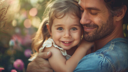 Obraz premium happy little girl hugging her father, love bond, father daughter duo, happy fathers day, 16 june 