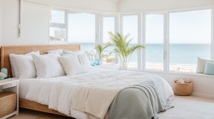 Fototapeta na wymiar Sunlit Coastal Bedroom Offering Serene Beach View Through Large Windows 