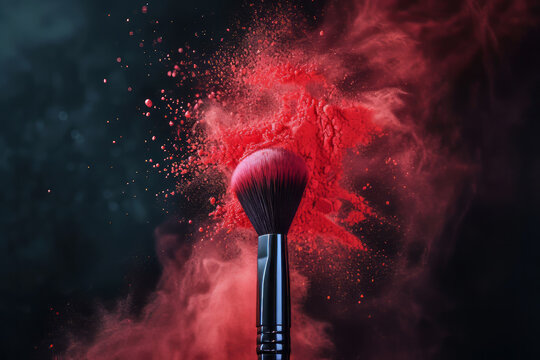 Make-up brush with red powder explosion on a dark background, close up view