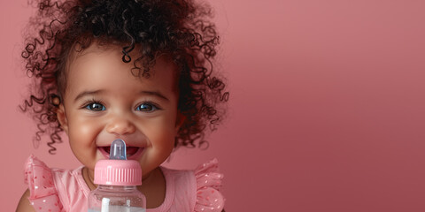 Cute mulatto baby gilr with bottle of milk. Banner with copy space. Shallow depth of field. - obrazy, fototapety, plakaty