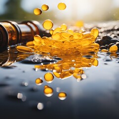 spilled yellow pills and their reflections in water - obrazy, fototapety, plakaty