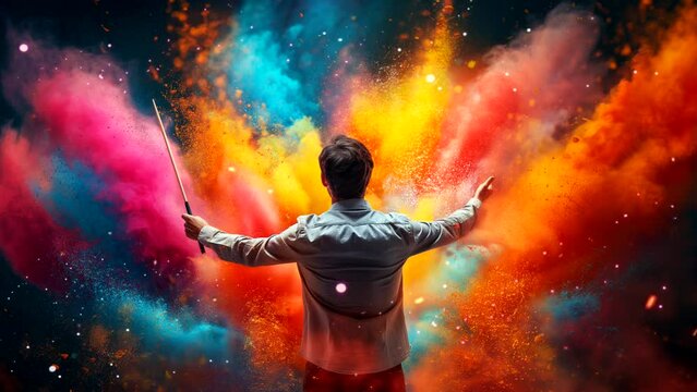 An orchestra conductor leads the orchestra by holding the conductor's baton with colored paint powder that explodes differently for each part