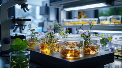 A lab explores Rhodiola rosea's health perks, with petri dish extracts, microscopes, and papers on its adaptogenic traits.