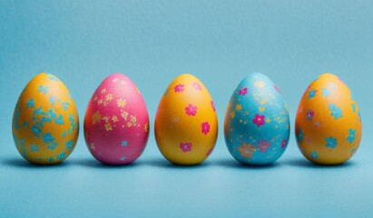 Synchronized placement of brightly adorned Easter eggs on sky-blue 