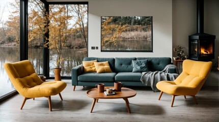 Tranquil autumnal lake scene seen from modern cozy living room  - obrazy, fototapety, plakaty