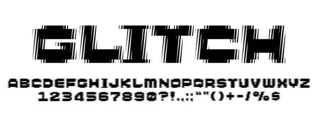 Fototapeta premium Glitch font with digital distortion effects, edgy typography stripes. Isolated alphabet vector of letters and numbers, ideal for tech, cyberpunk, modern designs