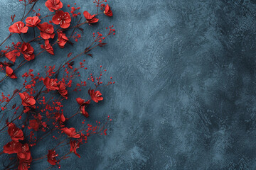 Red flowers on blue oil paint background, banner, space for text, space to copy, solid color,...