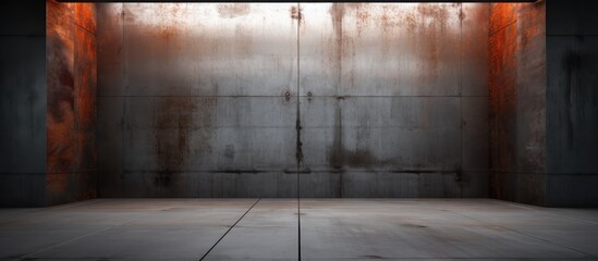 An empty room with a single red light source in the middle, casting a warm glow on the surrounding sheets of rusted metal and gray concrete.