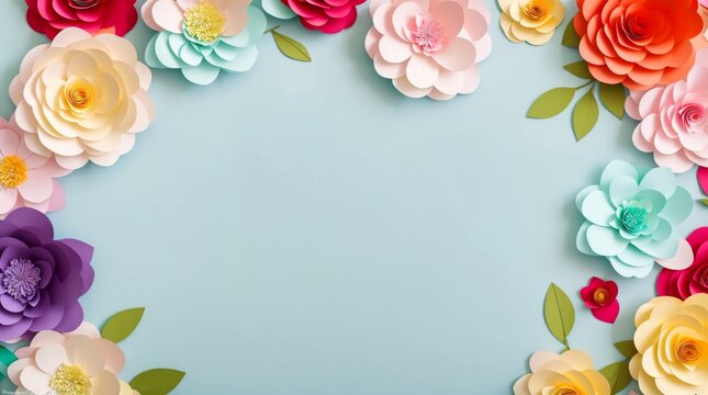 Vibrant crafty border with paper flowers on a soft blue background 