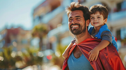 happy fathers day , super hero dad holding his son on his shoulders , father son love 