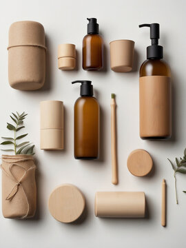 Set de productos de cuidado de la piel y cuidado personal en envases ecofriendly de cart&oacute;n, v&iacute;drio y pl&aacute;stico reciclado sostenible, ideal para mockups.