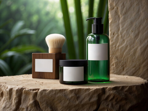 Art&iacute;culos de tocador  ecofriendly masculinos con brocha de afeitar y botella dispensadora idel para mockups.