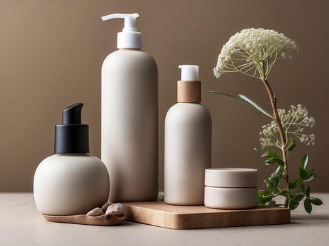 Set de cosm&eacute;tica natural en tonos neutros y dispensadores elegantes y sostenibles  idel para mockups.